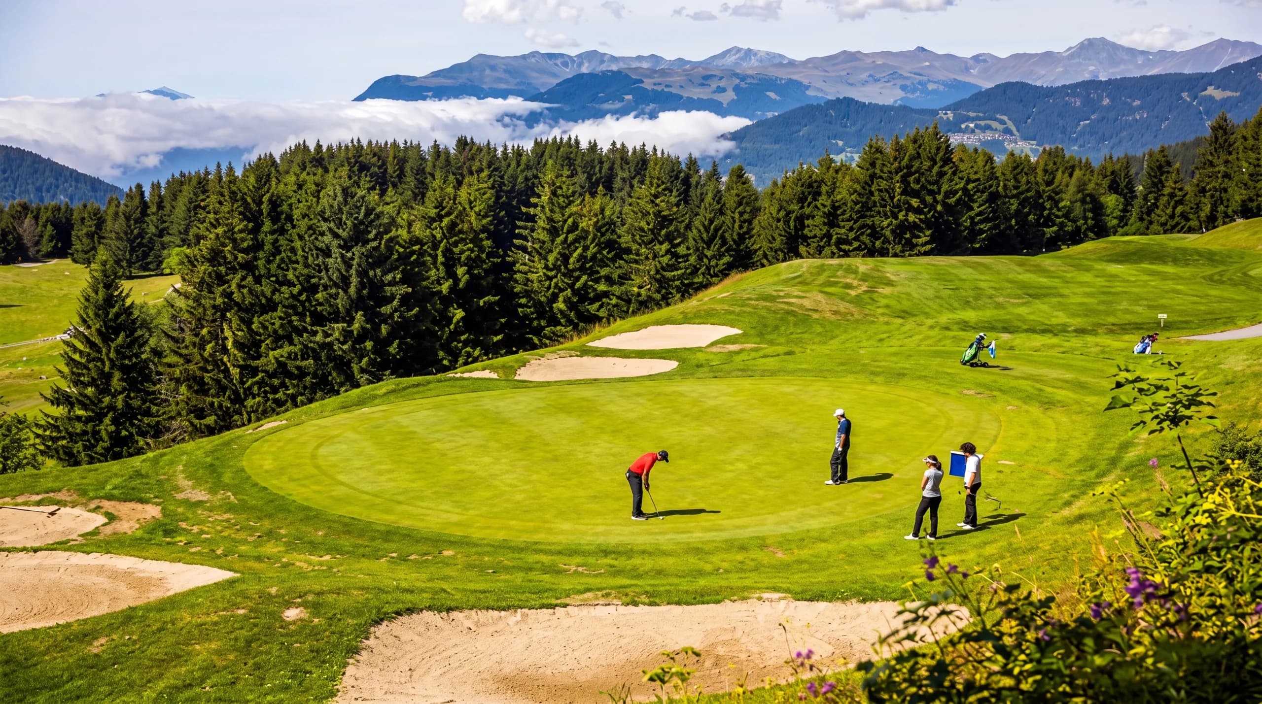 Fairway du golf 18 trous de Méribel en été avec vue sur les montagnes des 3 Vallées