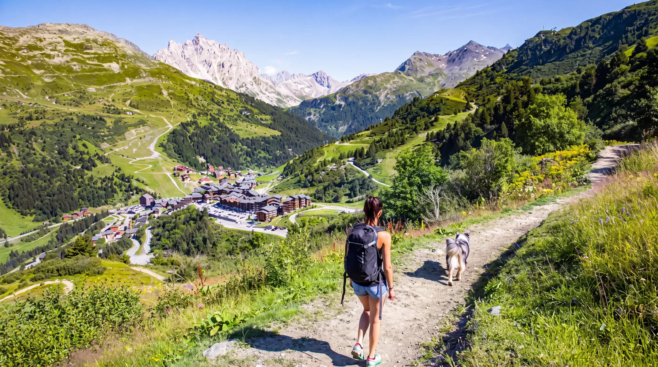 Randonneur sur un sentier fleuri de Méribel en été, avec les sommets des Alpes en arrière-plan