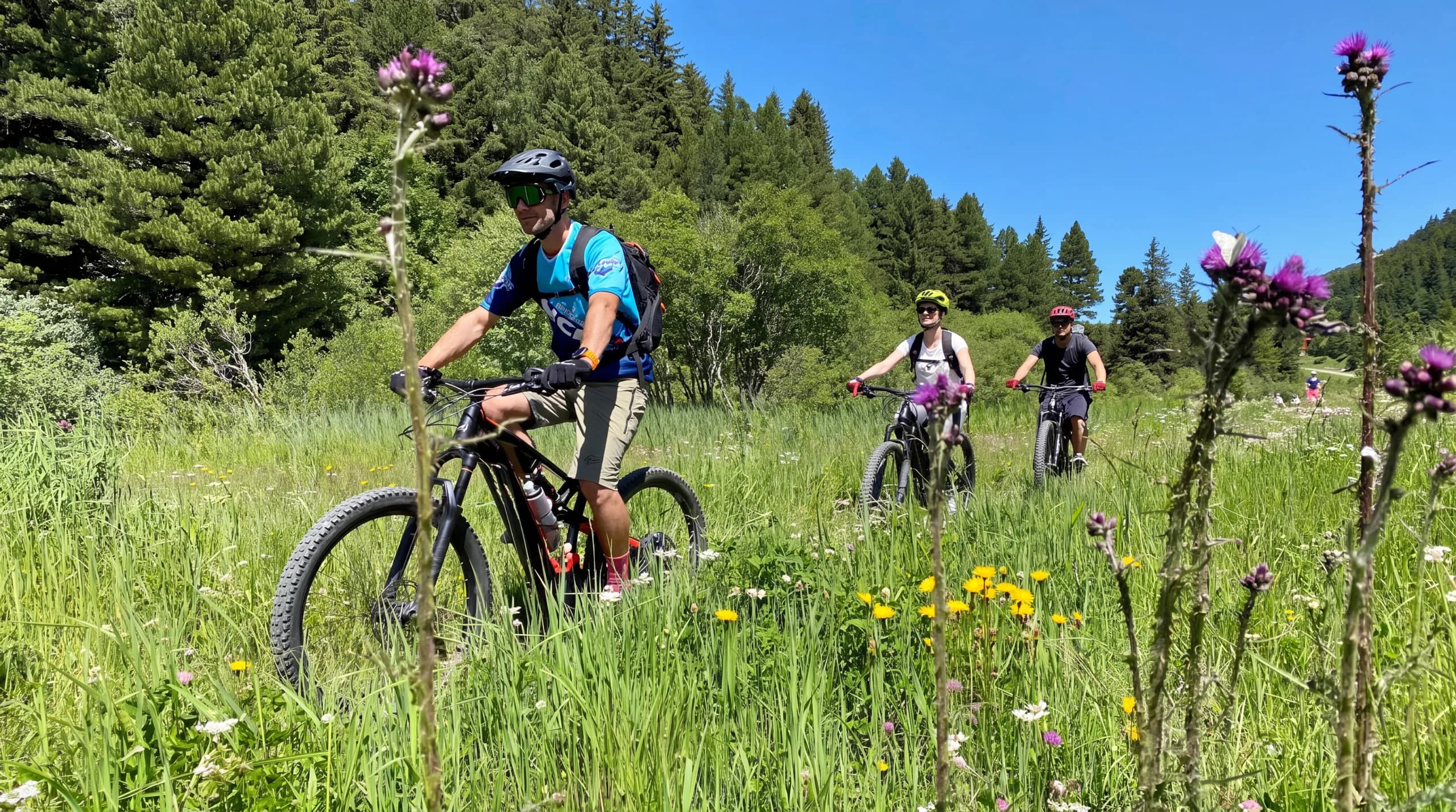 Vttistes sur les sentiers estivaux autour de Méribel avec vue sur les crêtes des 3 Vallées